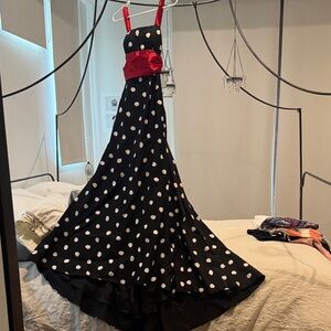 Jovani Black and White Polka Dot Dress with Red Accents